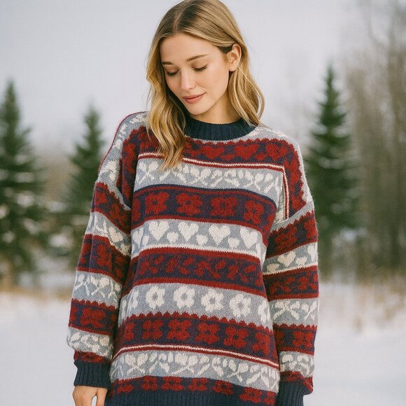 Huntington Ridge Sweaters - Huntington Ridge Vintage Retro Red White Blue Heart Floral Fair Isle Sweater M